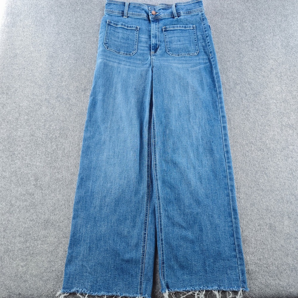 OAT New York Wide Leg Jeans Womens 10/30 Blue High Rise Raw Hem Patch Pocket